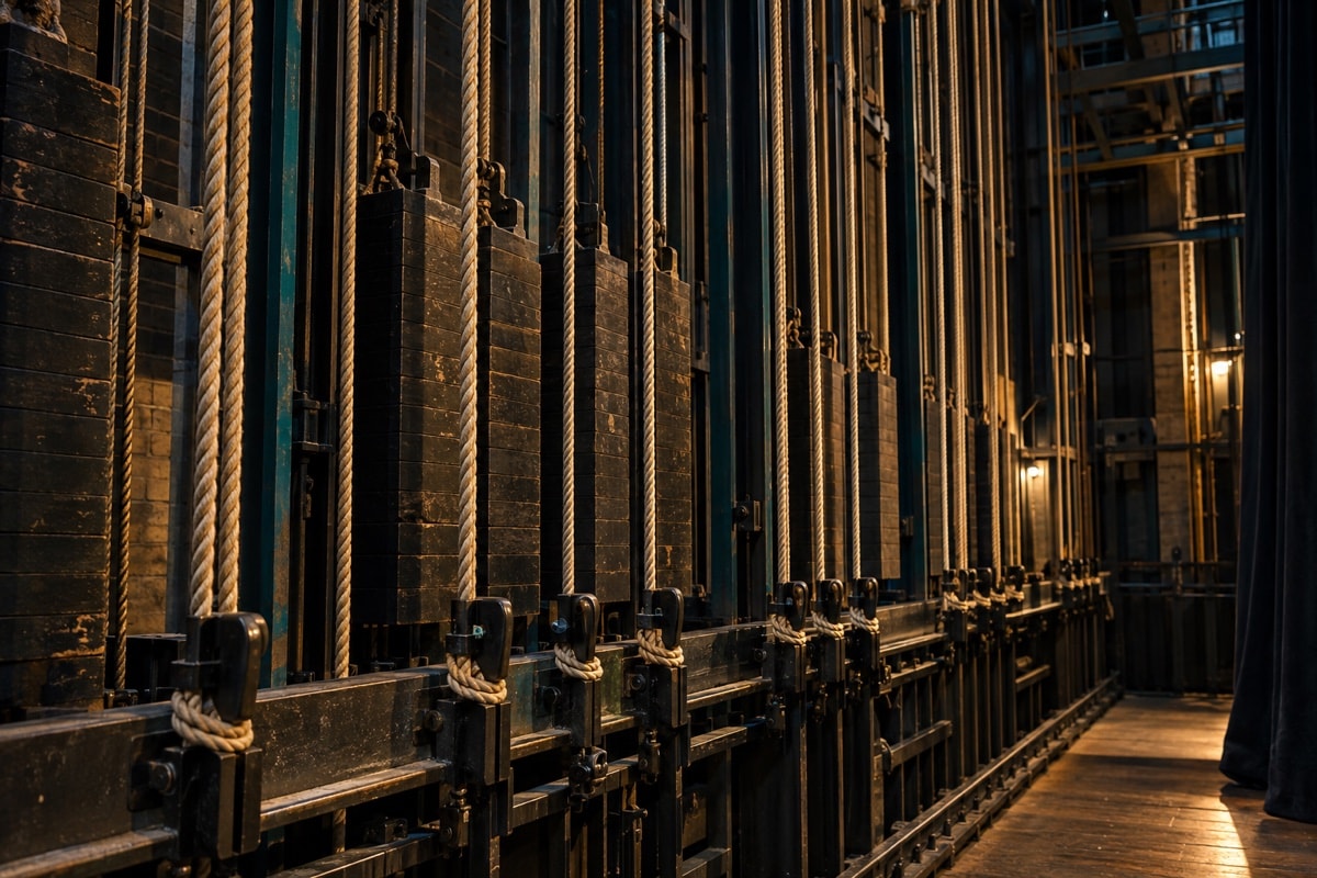 The ropes and counterweights of a theatre fly rail