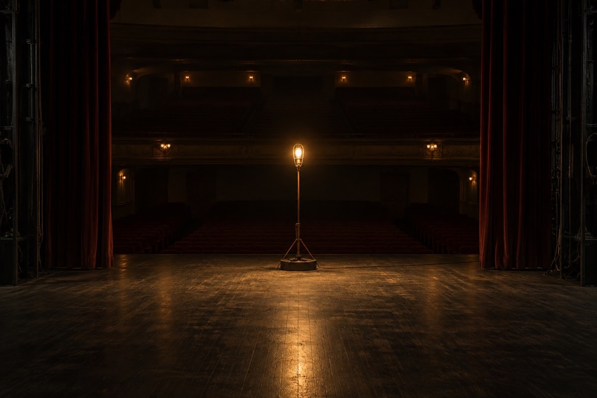A warm ghost light at the center of an empty stage