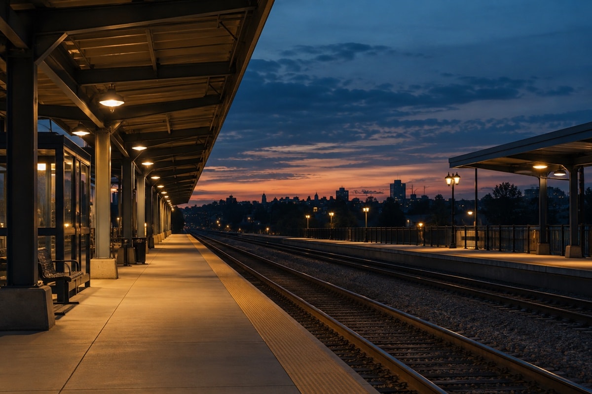 An empty railway platform under warm lights at dusk
